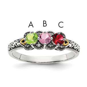 Sterling Silver Antiqued w/14k 3-stone w/Diamond Mother's Ring