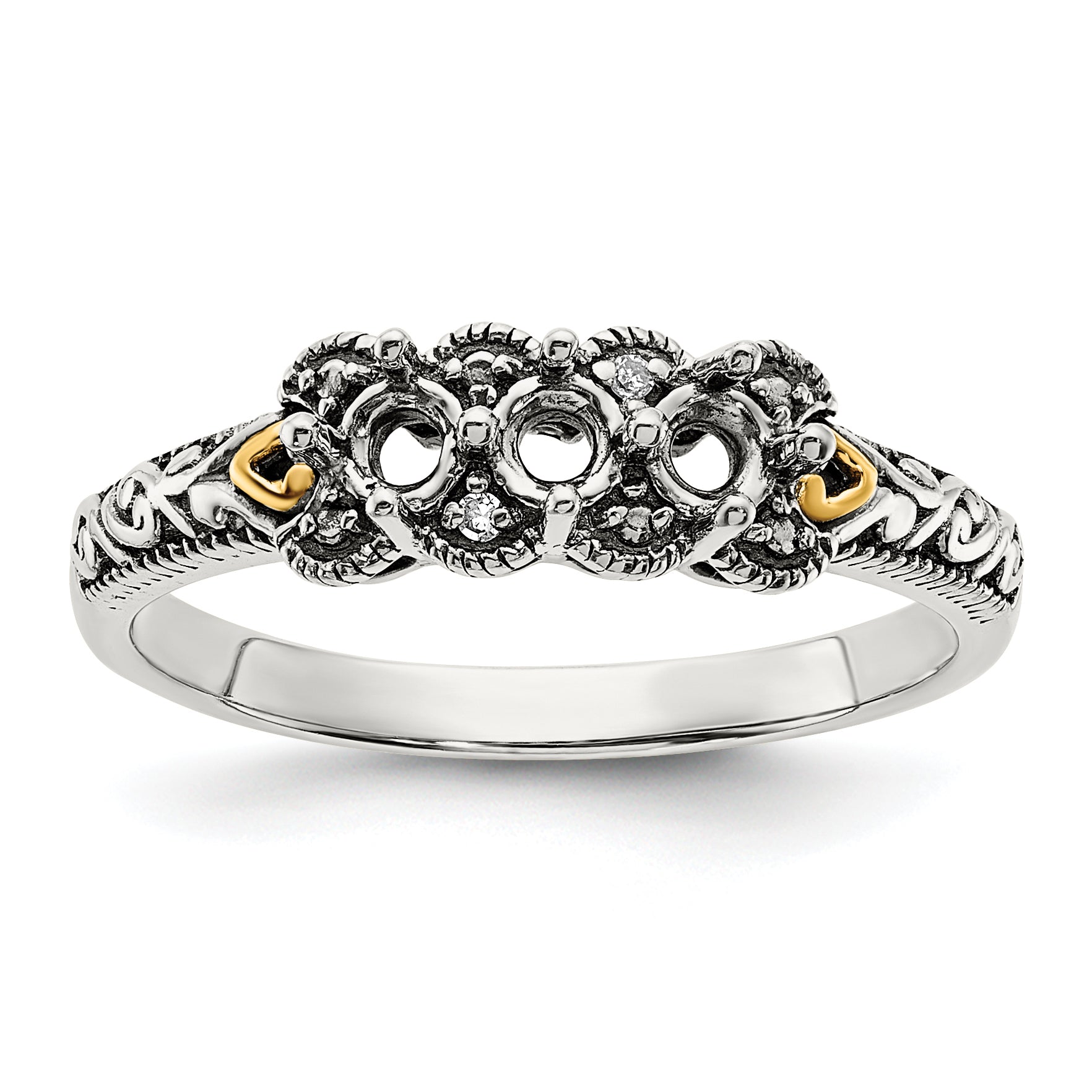 Sterling Silver Antiqued w/14k 3-stone w/Diamond Mother's Ring Semi-Mount