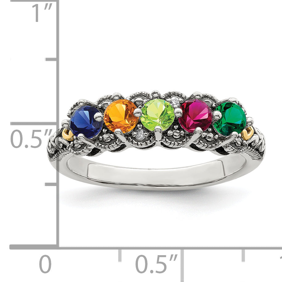 Sterling Silver Antiqued w/14k 5-stone w/Diamond Mother's Ring