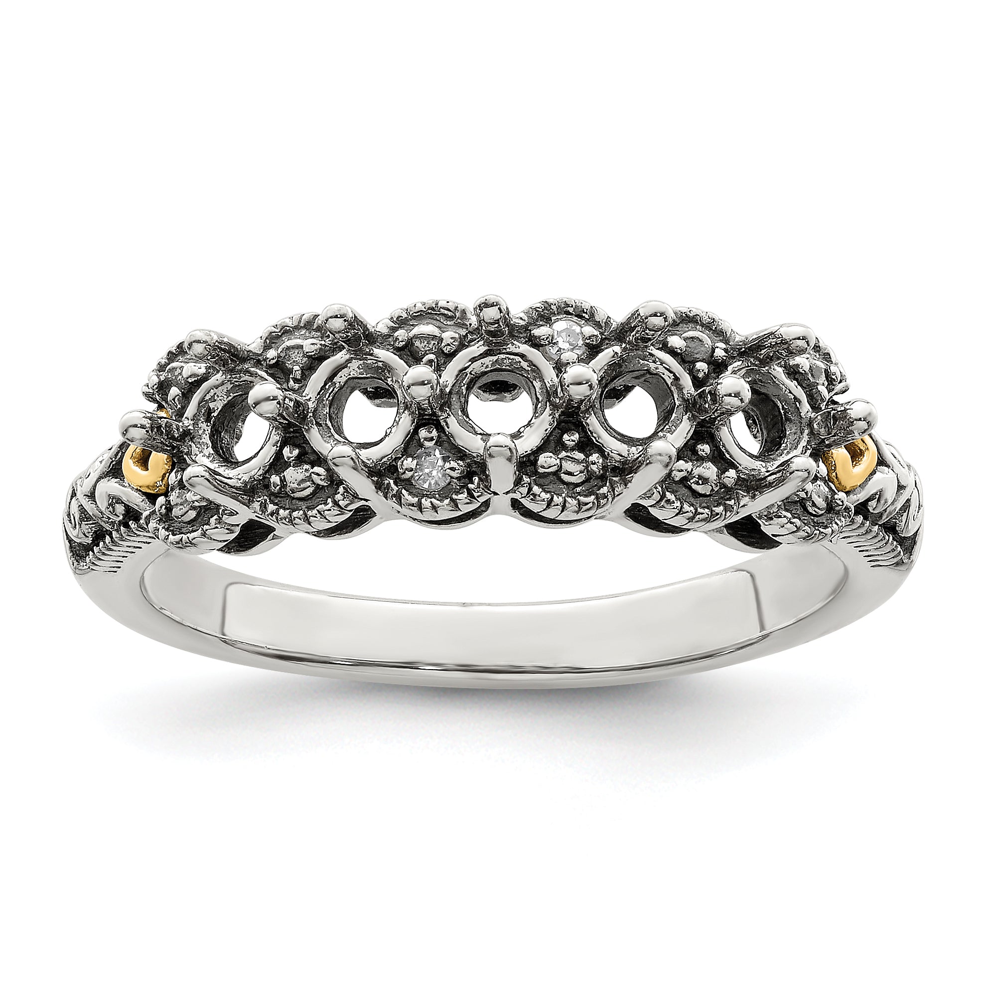 Sterling Silver Antiqued w/14k 5-stone w/Diamond Mother's Ring Semi-Mount