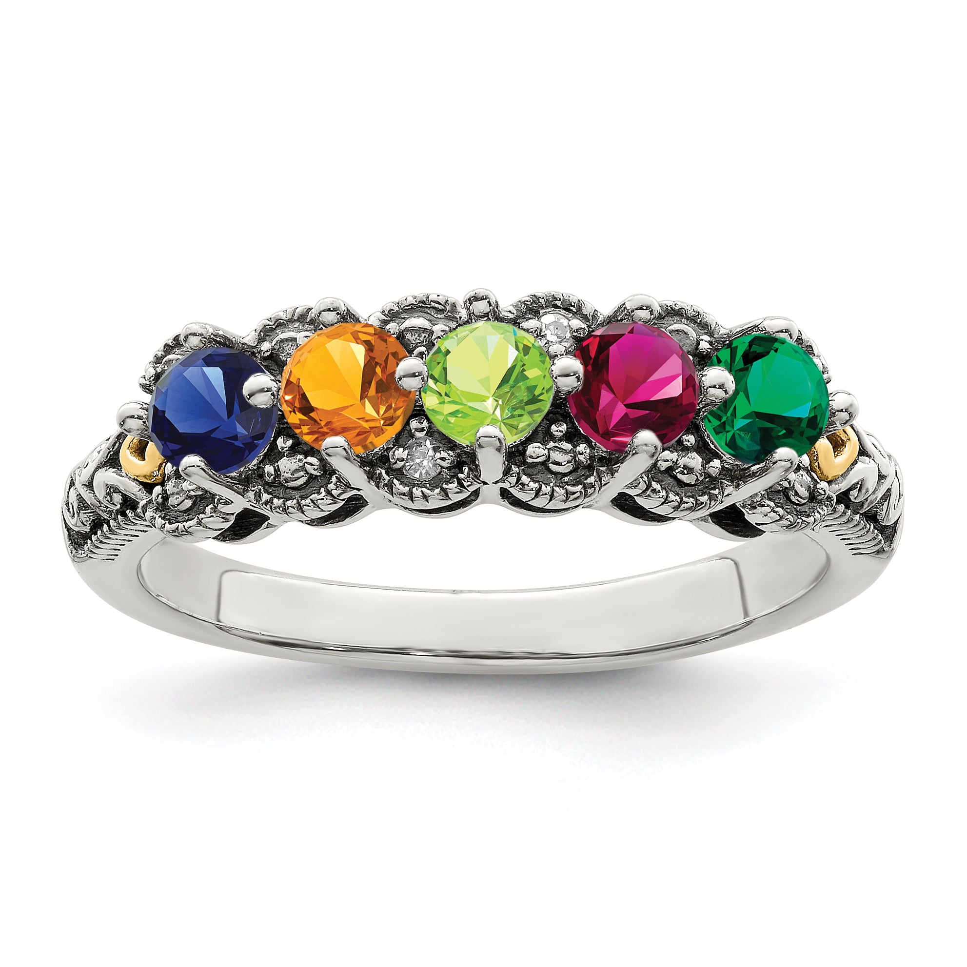 Sterling Silver Antiqued w/14k 5-stone w/Diamond Mother's Ring