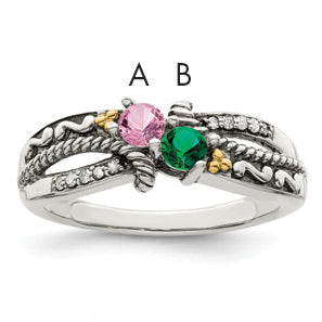 Sterling Silver Antiqued w/14k 2-stone w/Diamond Mother's Ring Semi-Mount