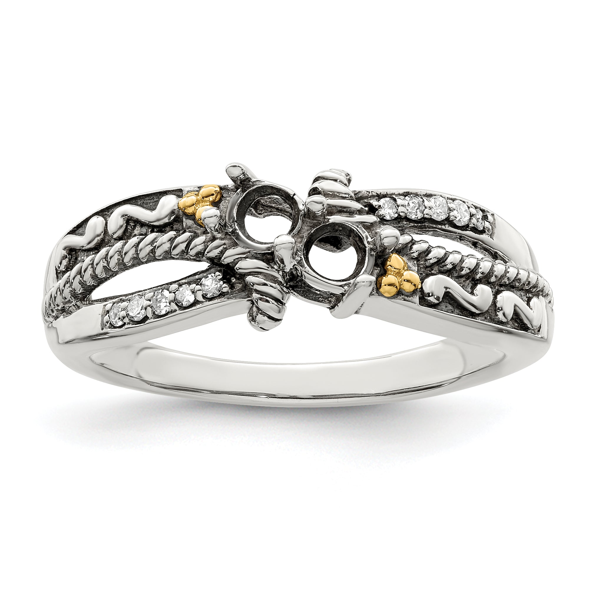 Sterling Silver Antiqued w/14k 2-stone w/Diamond Mother's Ring Semi-Mount