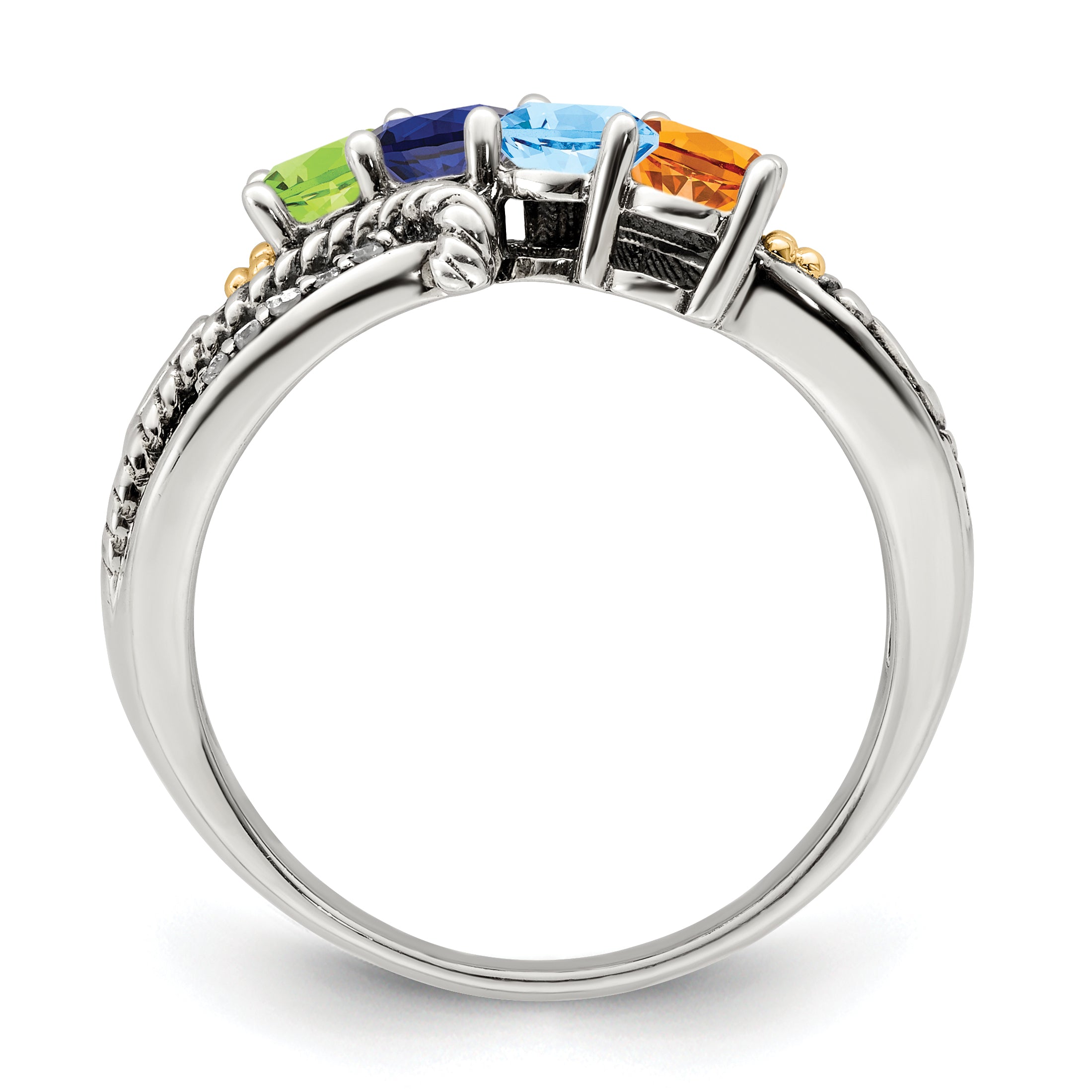 Sterling Silver Antiqued w/14k 4-stone w/Diamond Mother's Ring Semi-Mount