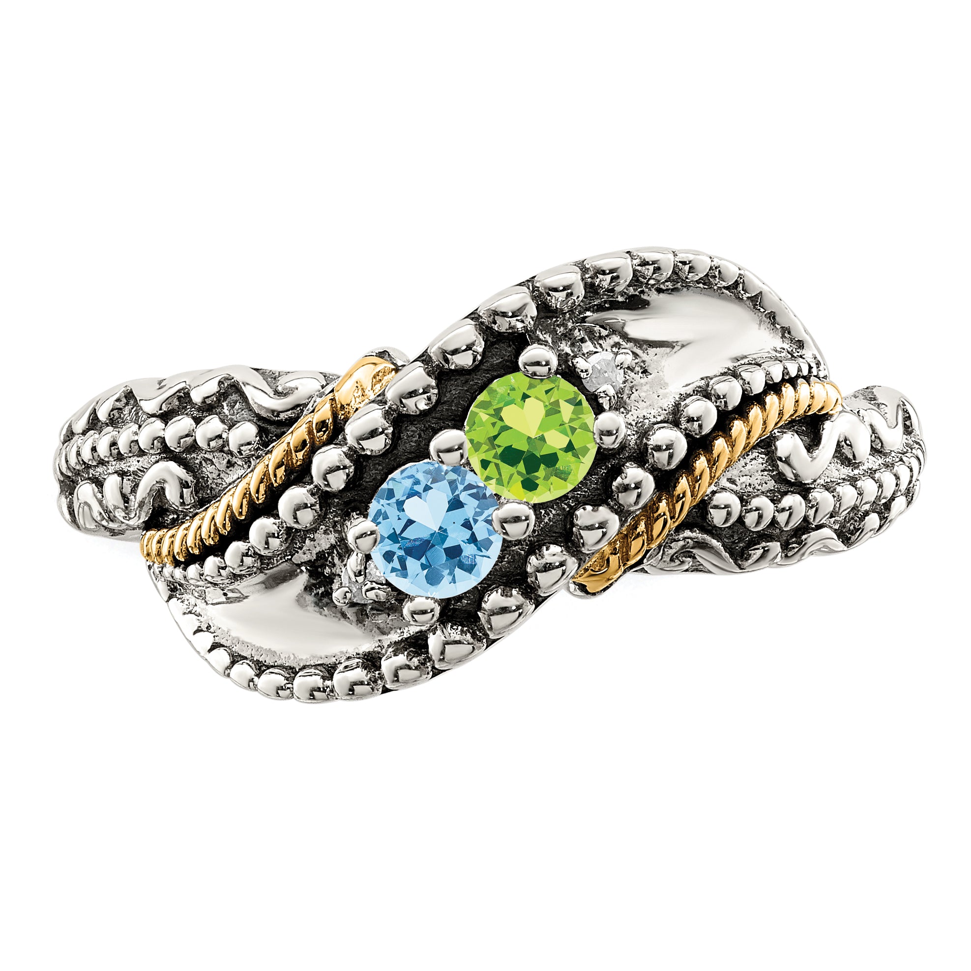 Sterling Silver Antiqued w/14k 2-stone w/Diamond Mother's Ring Semi-Mount