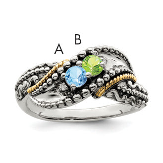 Sterling Silver Antiqued w/14k 2-stone w/Diamond Mother's Ring Semi-Mount