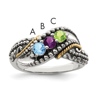 Sterling Silver Antiqued w/14k 3-stone w/Diamond Mother's Ring