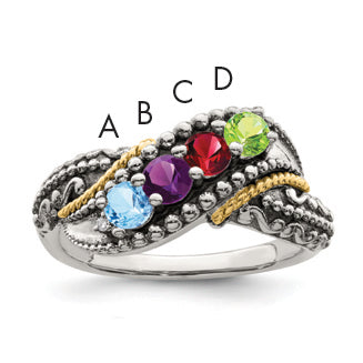 Sterling Silver Antiqued w/14k 4-stone w/Diamond Mother's Ring Semi-Mount