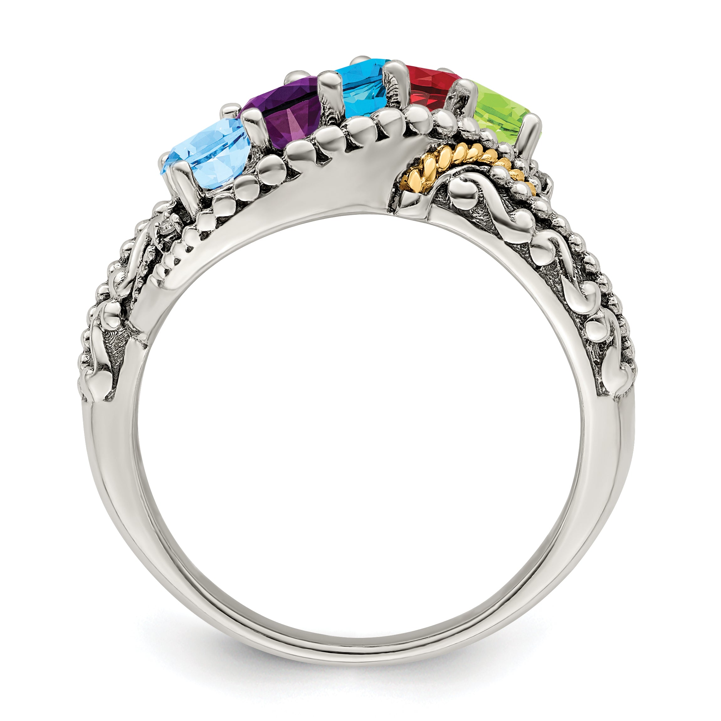 Sterling Silver Antiqued w/14k 5-stone w/Diamond Mother's Ring Semi-Mount