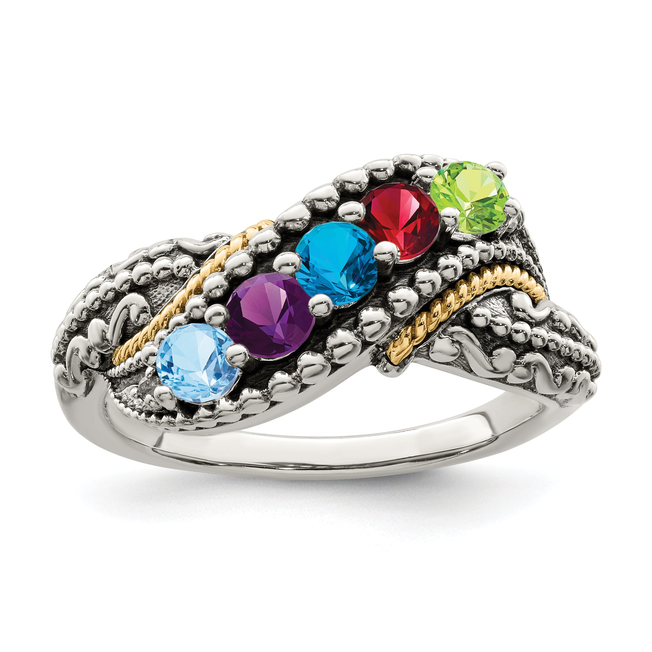 Sterling Silver Antiqued w/14k 5-stone w/Diamond Mother's Ring