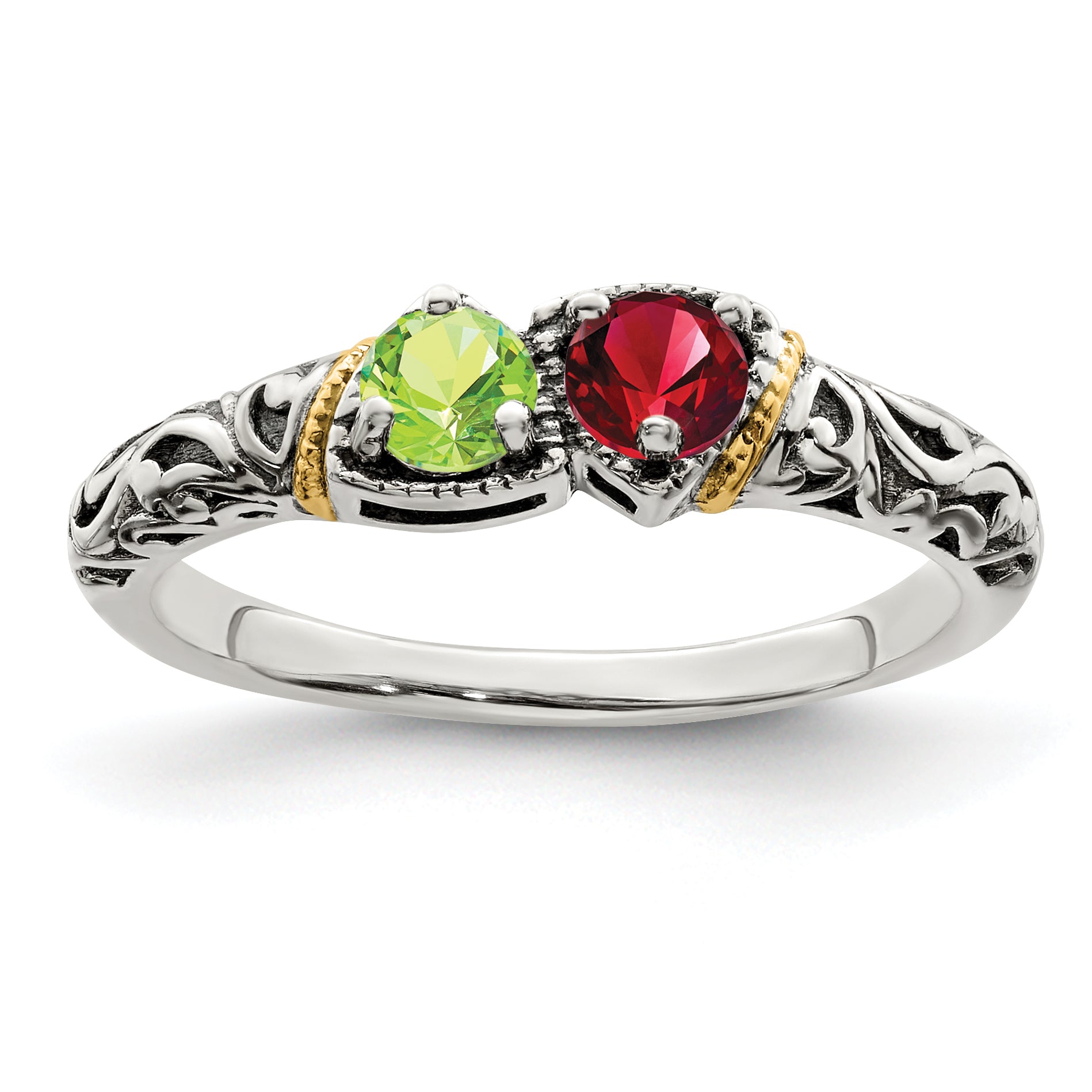 Sterling Silver Antiqued w/14k 2-stone Mother's Ring