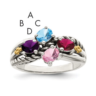 Sterling Silver Antiqued w/14k 4-stone Mother's Ring