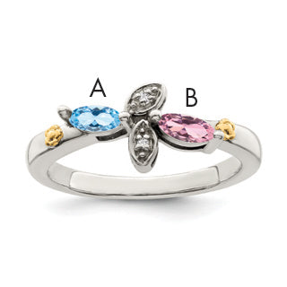 Sterling Silver Antiqued w/14k 2-stone w/Diamond Mother's Ring Semi-Mount