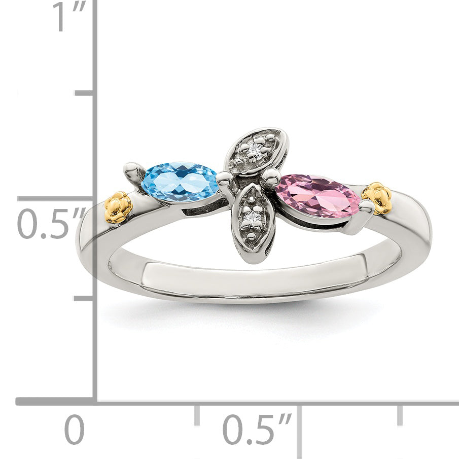 Sterling Silver Antiqued w/14k 2-stone w/Diamond Mother's Ring Semi-Mount