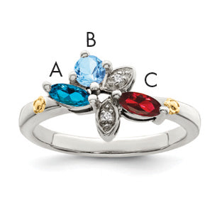 Sterling Silver Antiqued w/14k 3-stone w/Diamond Mother's Ring Semi-Mount