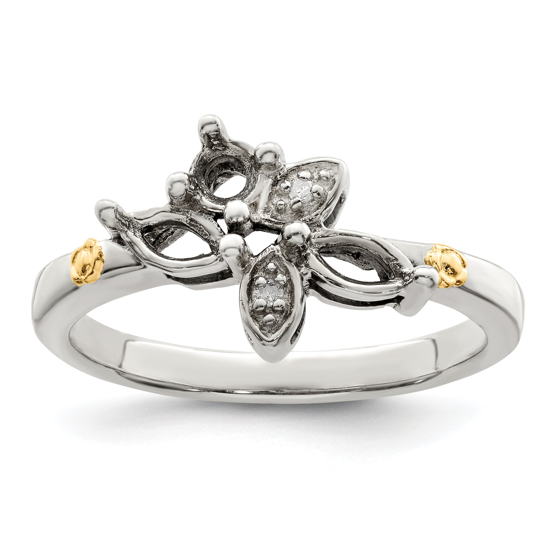 Sterling Silver Antiqued w/14k 3-stone w/Diamond Mother's Ring