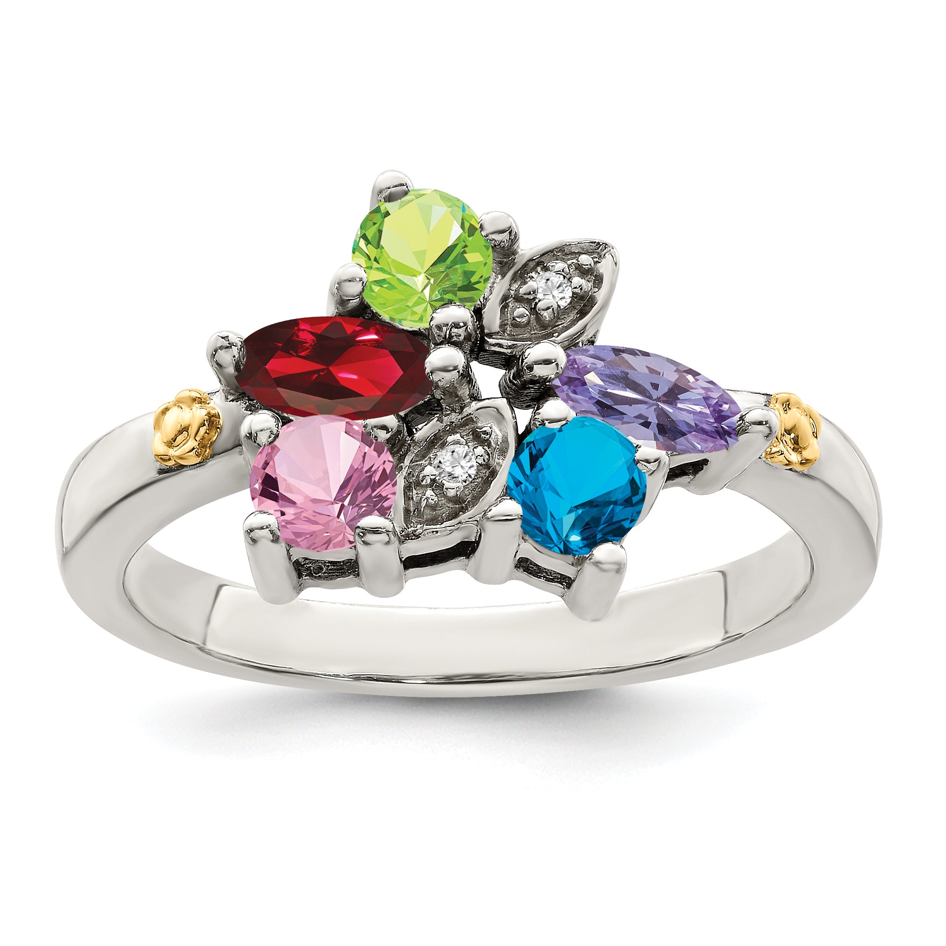 Sterling Silver Antiqued w/14k 5-stone w/Diamond Mother's Ring