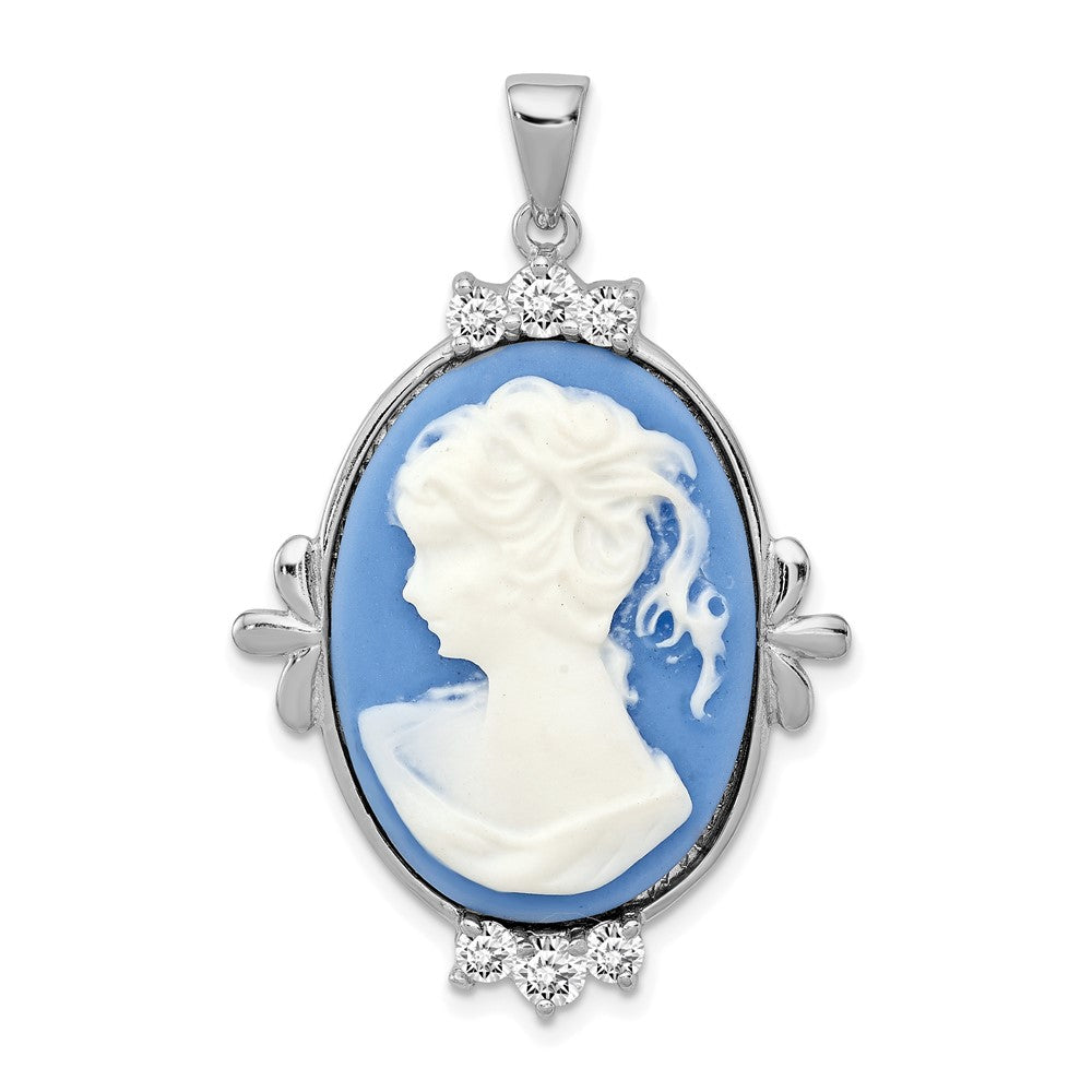 Sterling Silver Rhodium-plated Blue Plastic Cameo with CZ accents Pendant