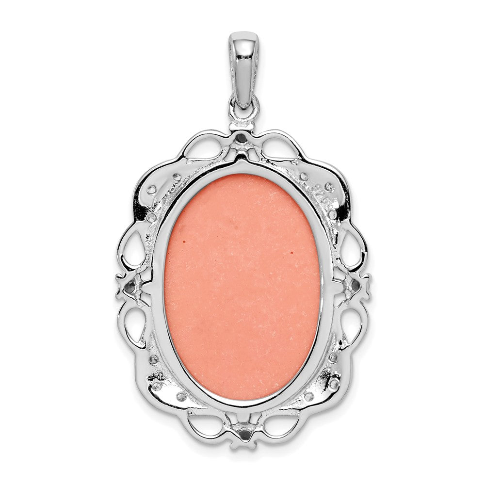 Sterling Silver Rhodium-plated Filigree Frame with Green Glass and Clear CZ Accents Plastic Pink Lady Cameo Pendant