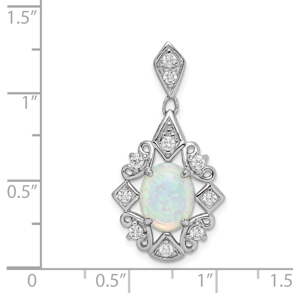 Sterling Silver Rhodium-plated Created Opal and CZ Pendant