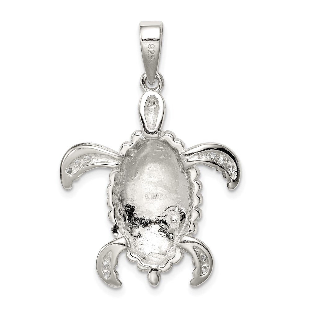 Sterling Silver Rhod-plated Created Blue Opal Inlay/CZ Tortoise Pendant