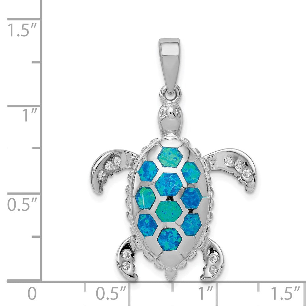 Sterling Silver Rhod-plated Created Blue Opal Inlay/CZ Tortoise Pendant