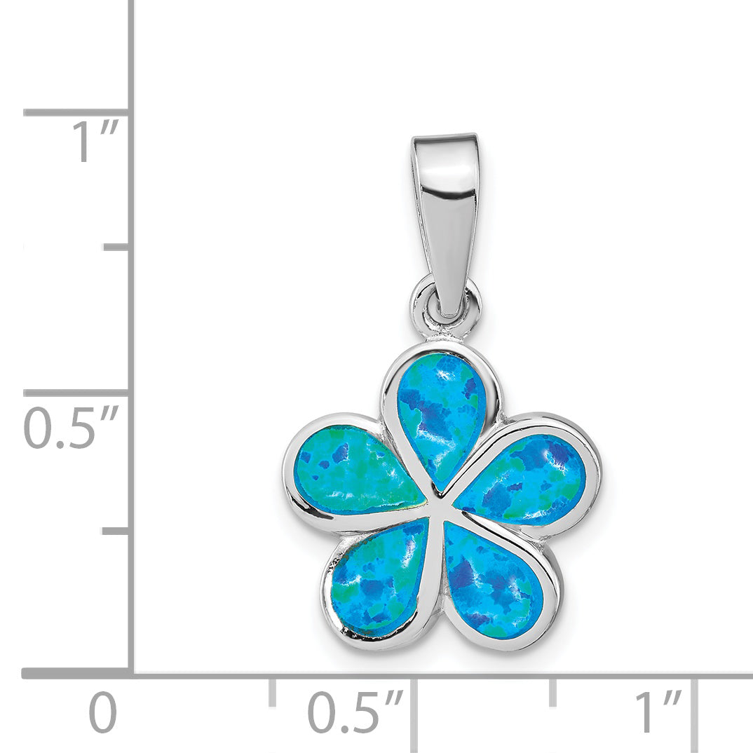 Sterling Silver Rhodium-plated Created Blue Inlay Opal Flower Pendant
