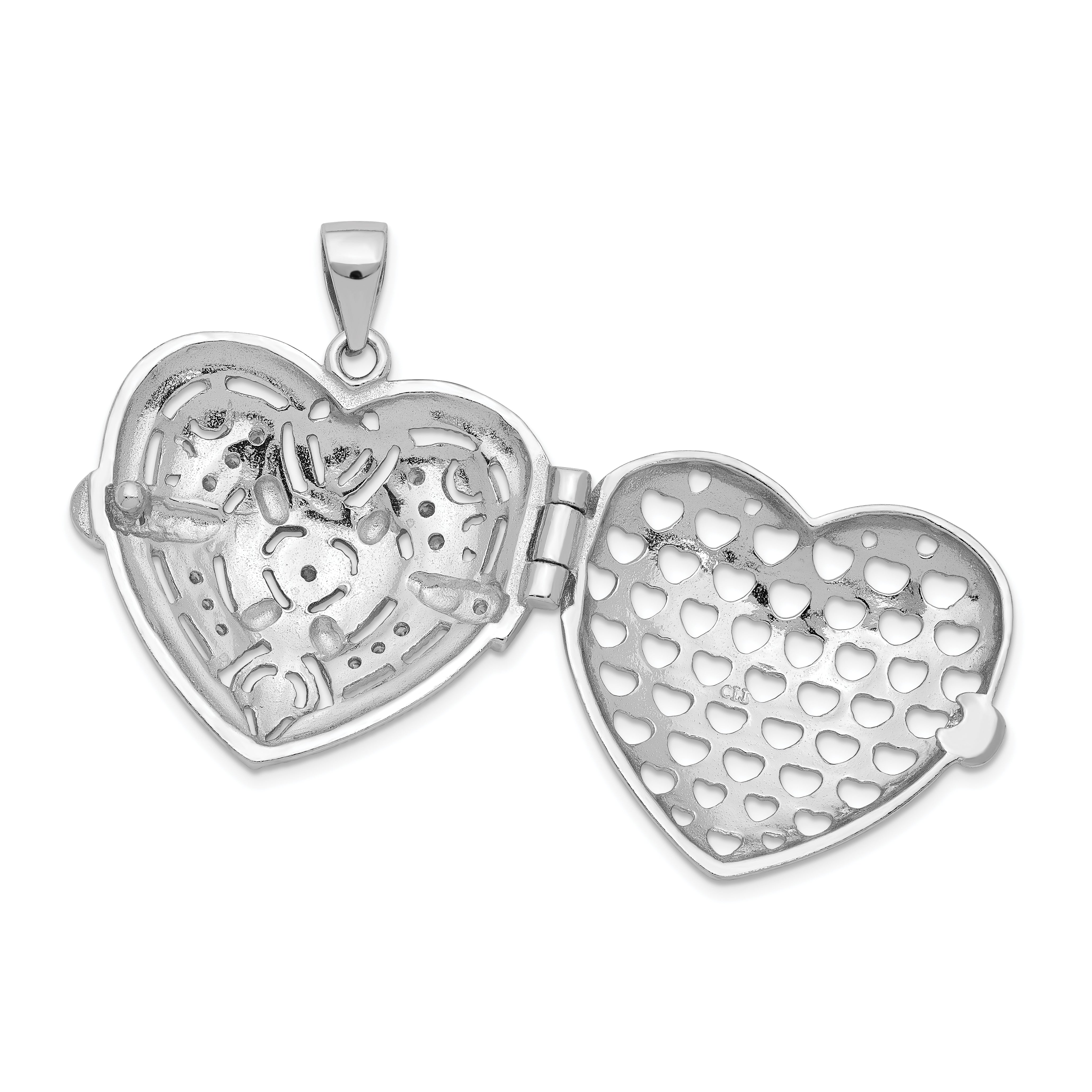 Sterling Silver Rhodium-plated CZ Fancy Design Heart 22mm Locket Pendant