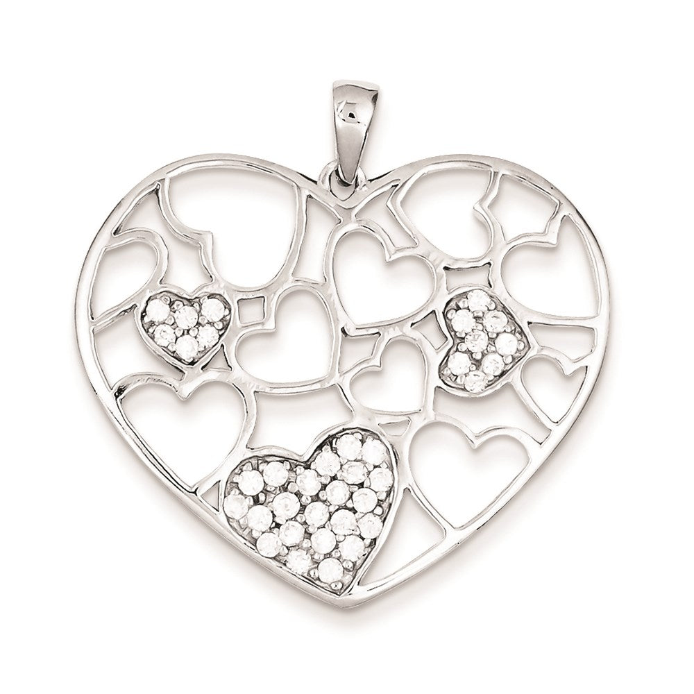 Sterling Silver Polished & CZ Hearts Pendant