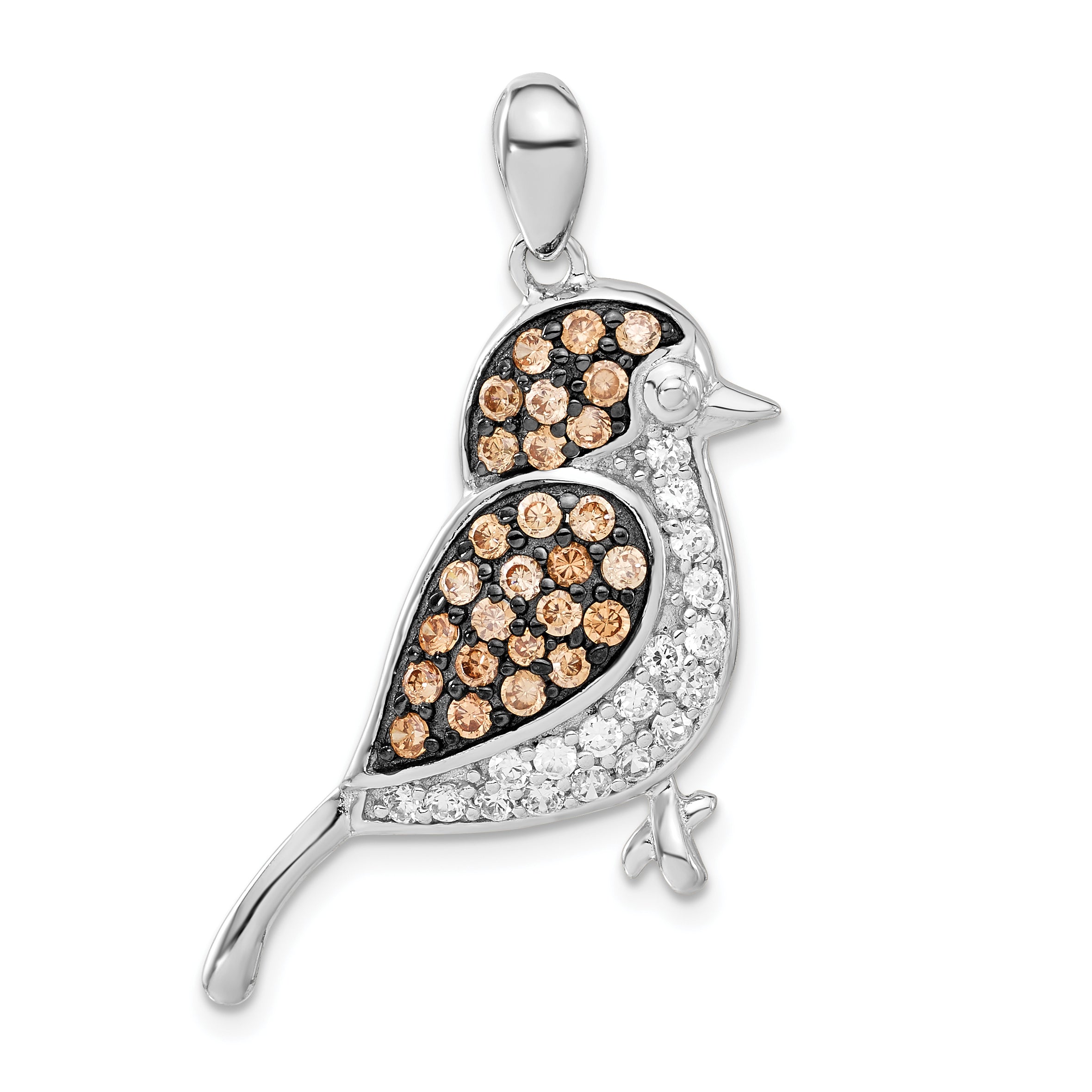 Sterling Silver w/ Black Rhod Champagne & Clear CZ Bird Pendant