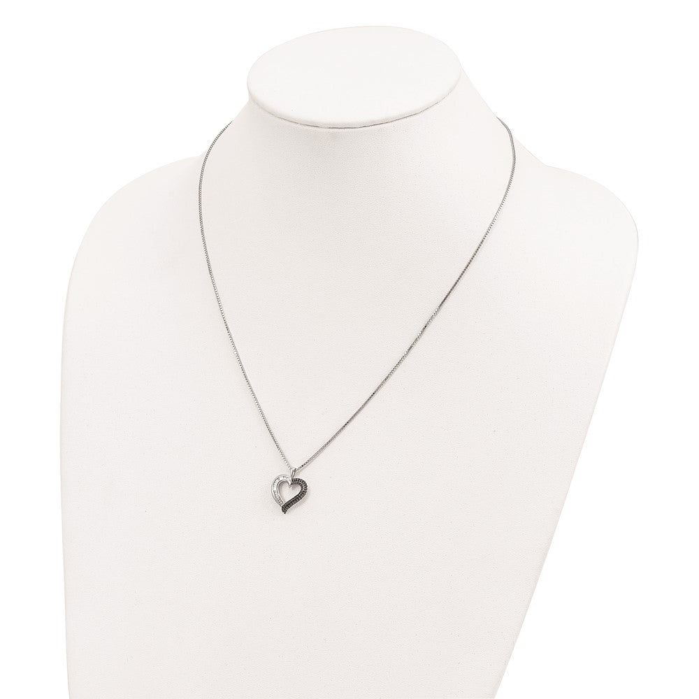 White Night Sterling Silver Rhodium-plated Black and White Diamond Heart 18 Inch Necklace with 2 Inch Extender