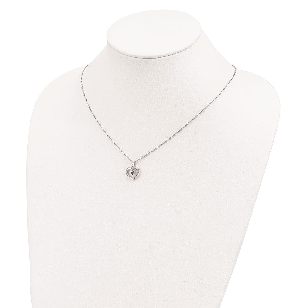 White Night Sterling Silver Rhodium-plated Black and White Diamond Heart 18 Inch Necklace with 2 Inch Extender