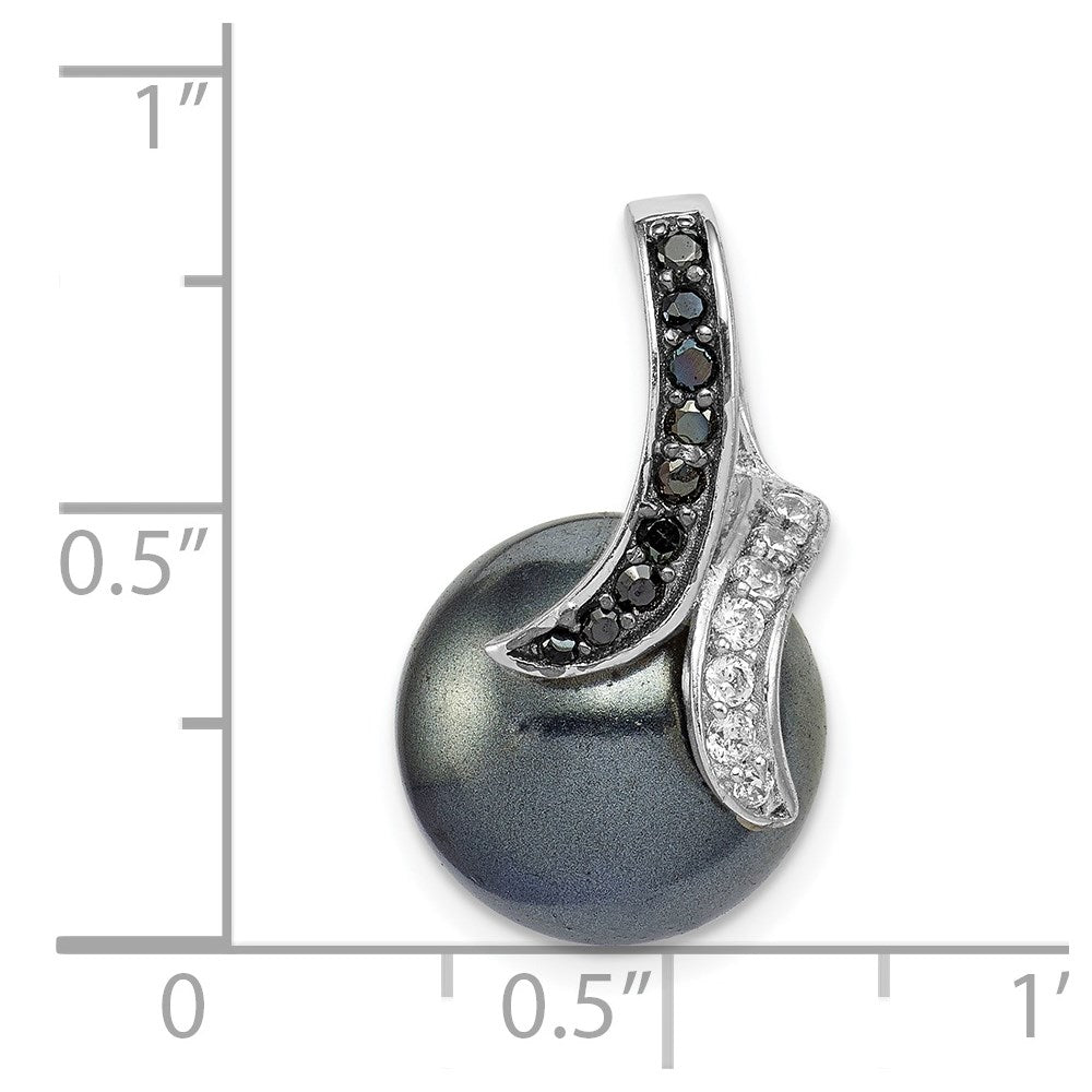 Sterling Silver Rhod-plated Blk/Wht CZ Blk Imitation Shell Pearl Pendant
