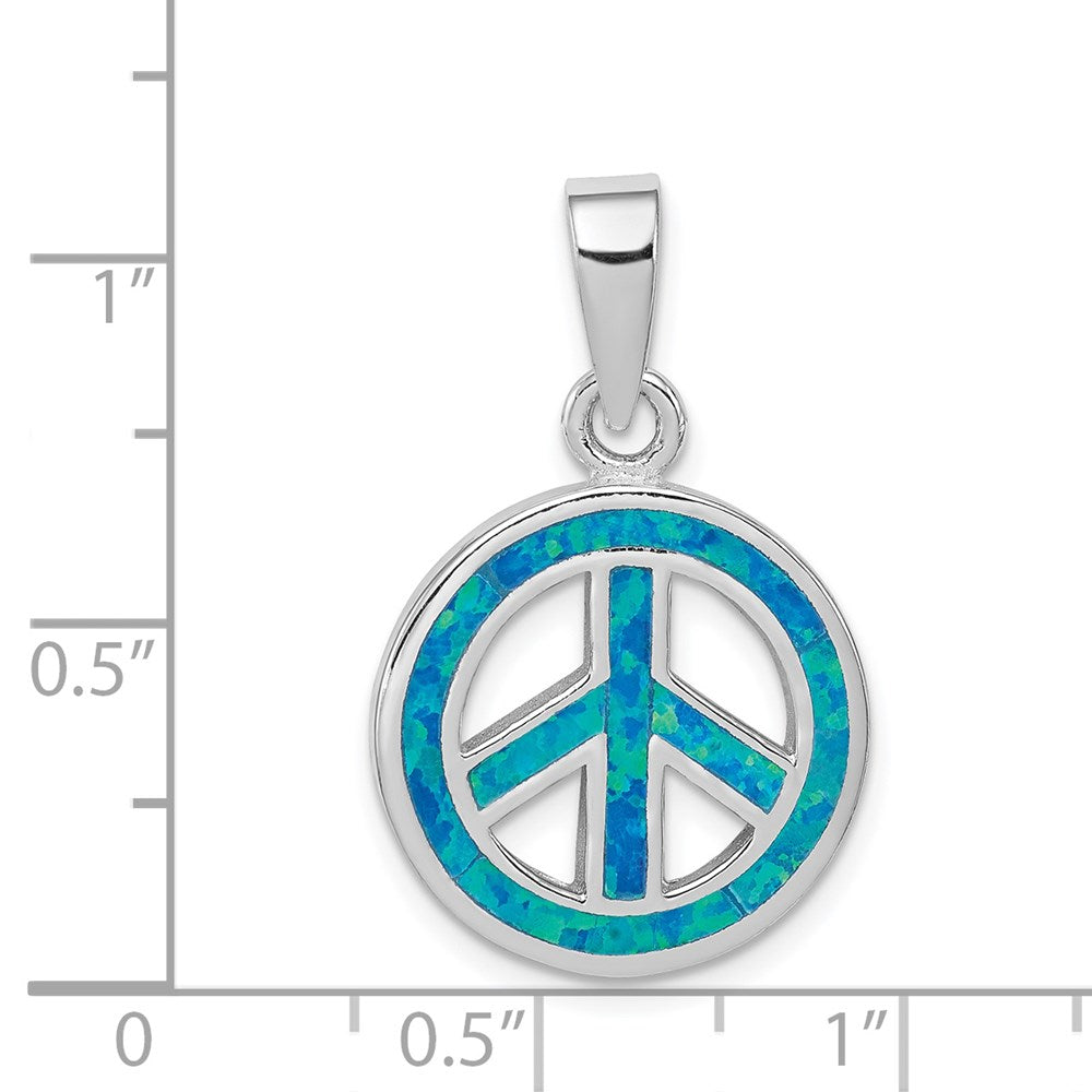 Sterling Silver Rhodium-plated Blue Inlay Created Opal Peace Sign Pendant