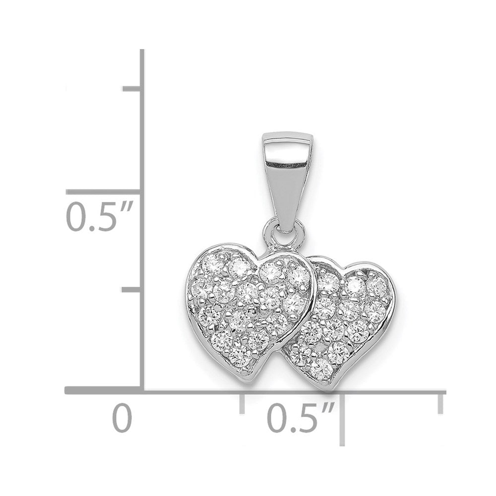Sterling Silver Rhodium-plated CZ Small Double Hearts Pendant