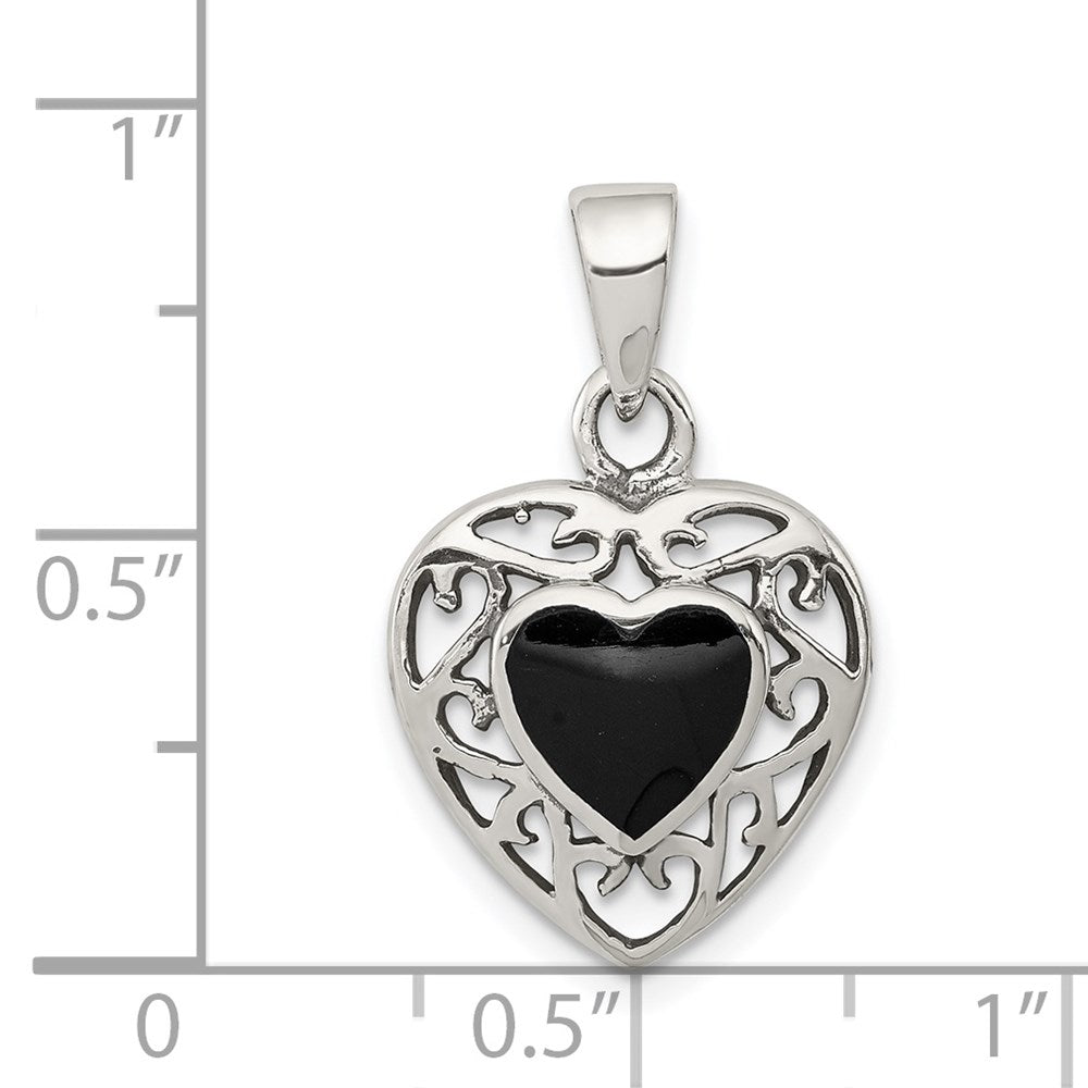 Sterling Silver Filigree Frame Onyx Heart Antiqued Heart Pendant