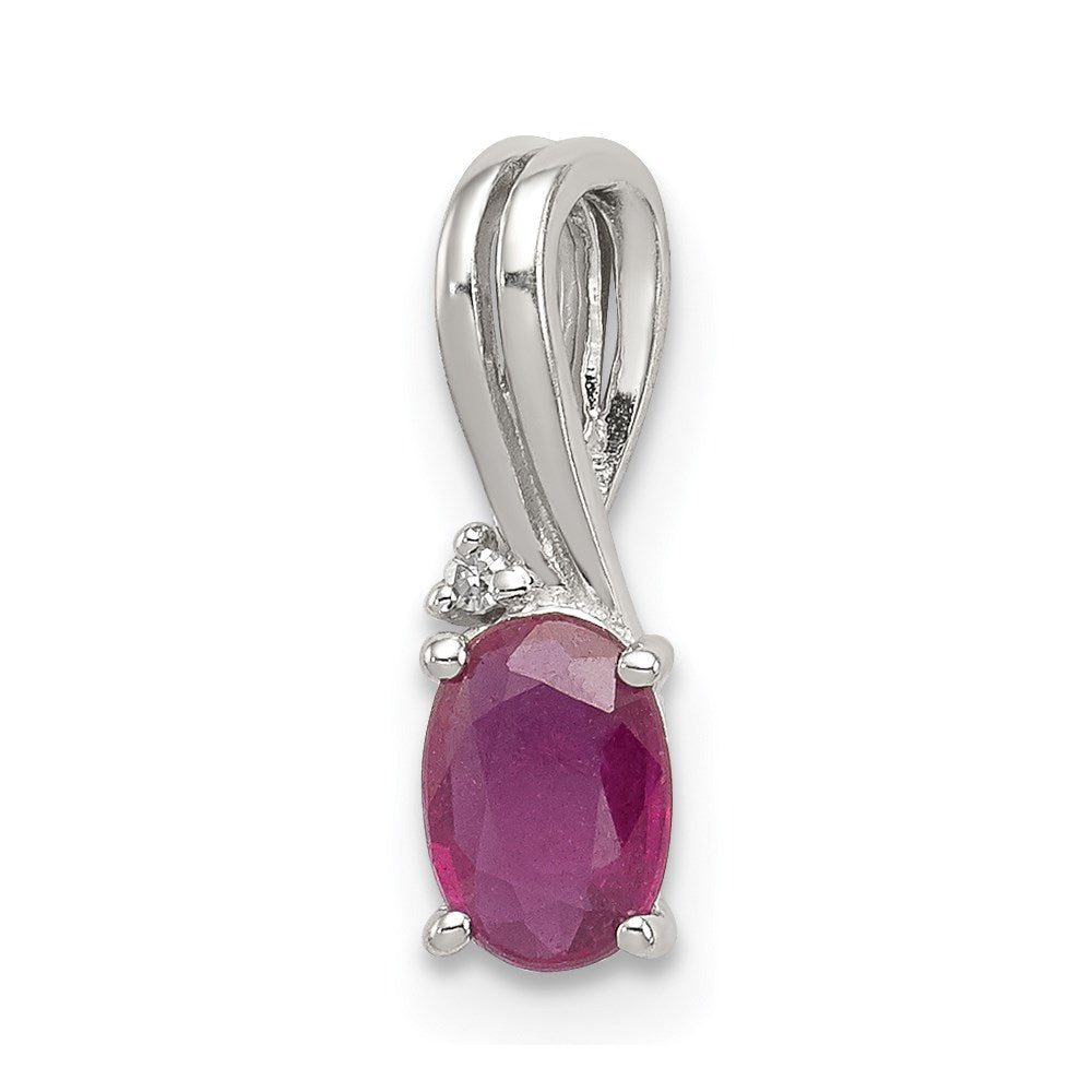 Sterling Silver Rhodium Plated Diamond & Ruby Oval Pendant