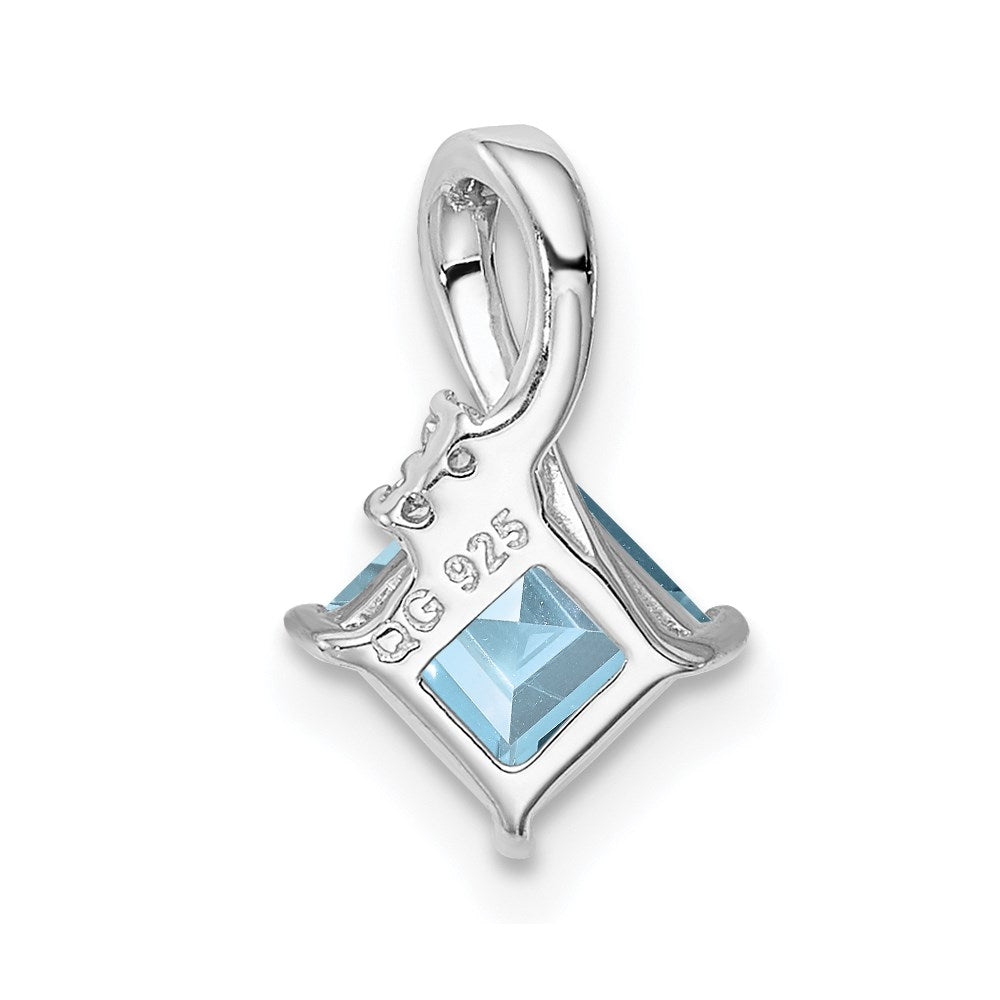Sterling Silver Rhodium Plated Dia. & Aquamarine Square Pendant