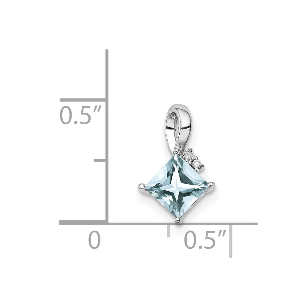 Sterling Silver Rhodium Plated Dia. & Aquamarine Square Pendant