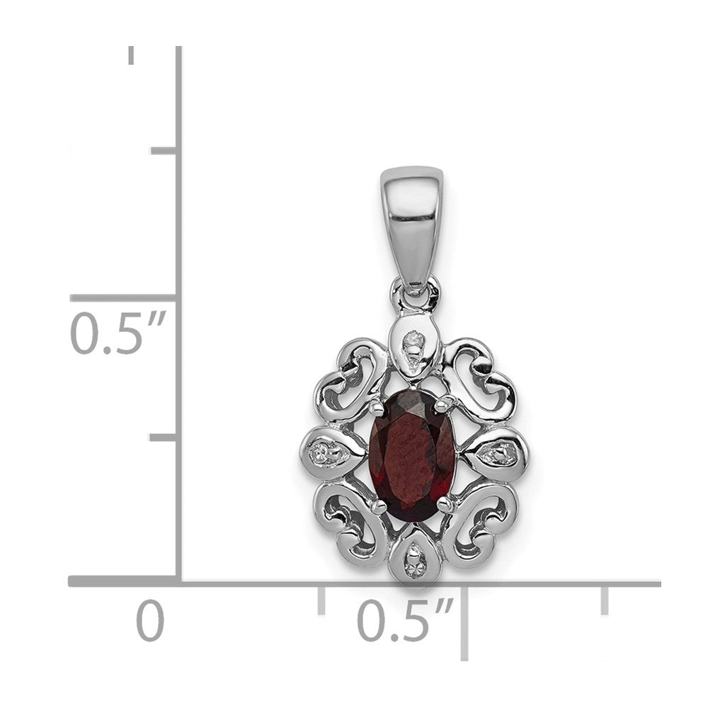 Sterling Silver Rhodium Plated Diamond & Garnet Oval Pendant