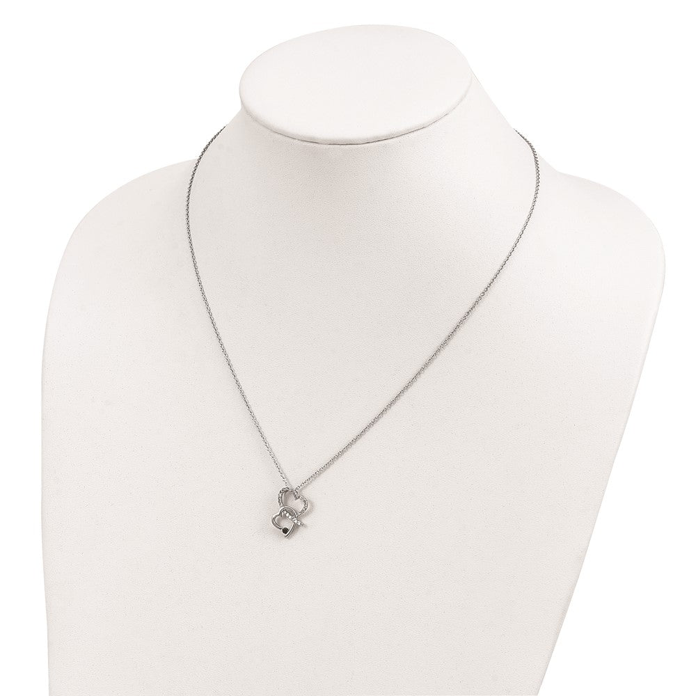 White Night Sterling Silver Rhodium-plated Black and White Diamond Double Heart 18 Inch Necklace with 2 Inch Extender