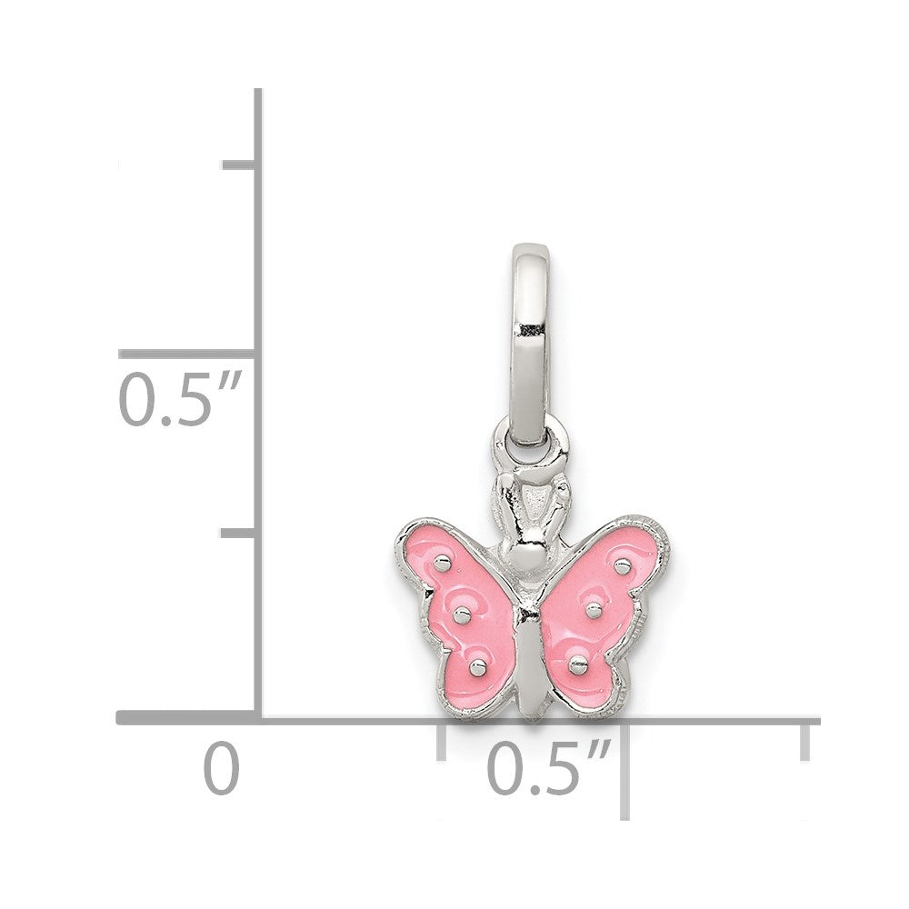 Sterling Silver Rhodium-plated Pink Enameled Butterfly Children's Pendant