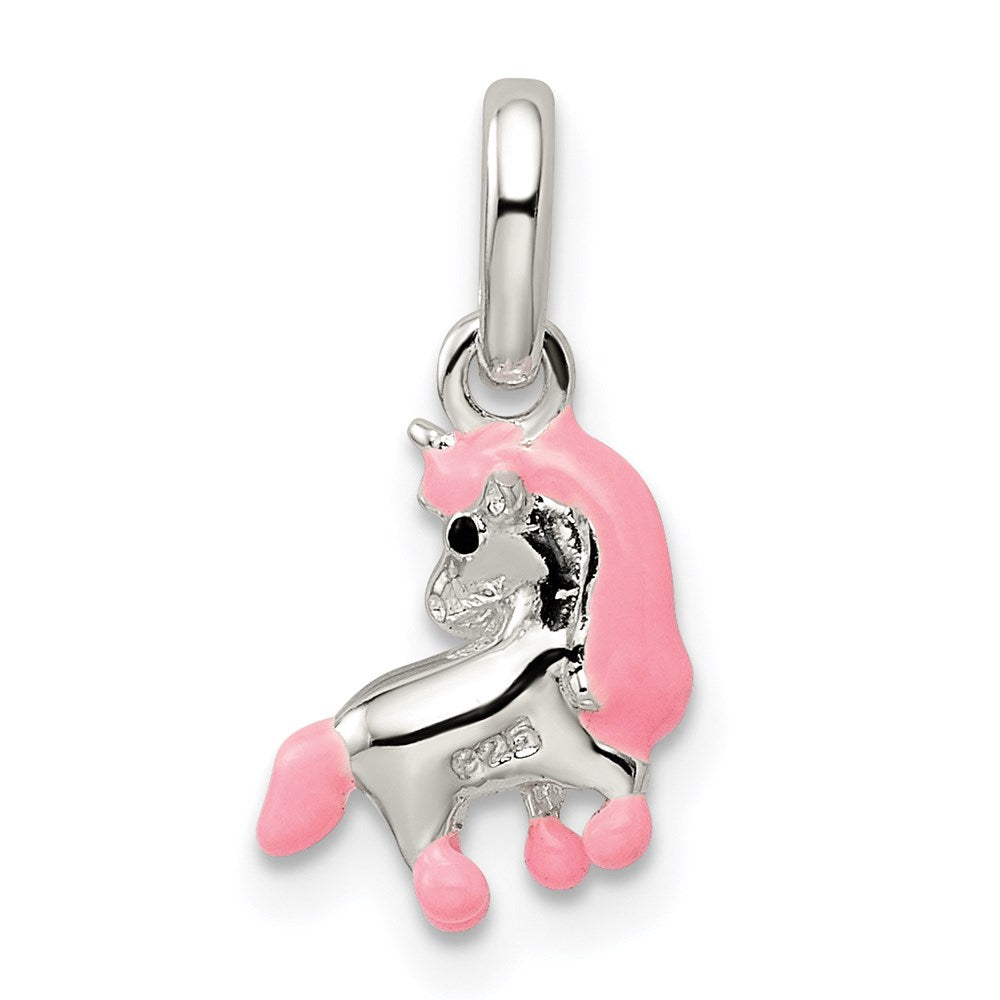 Sterling Silver Polished Pink & Black Enameled Pony Children's Pendant