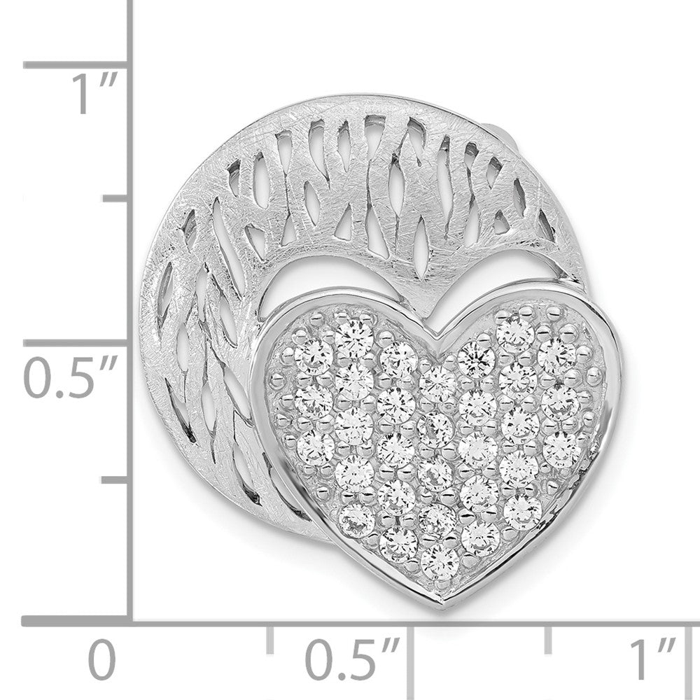 Sterling Silver Polished & Brushed CZ Heart Circle Slide