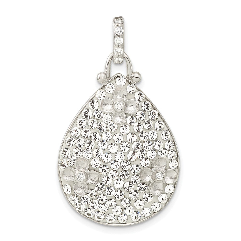 Sterling Silver Polished CZ & Crystal Flower Teardrop Pendant