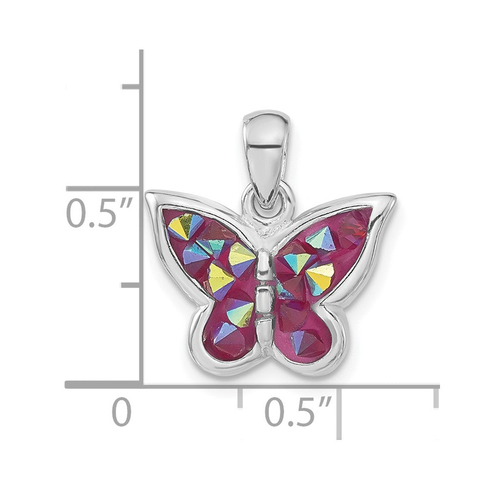 Sterling Silver Polished Pink Crystal Butterfly Pendant