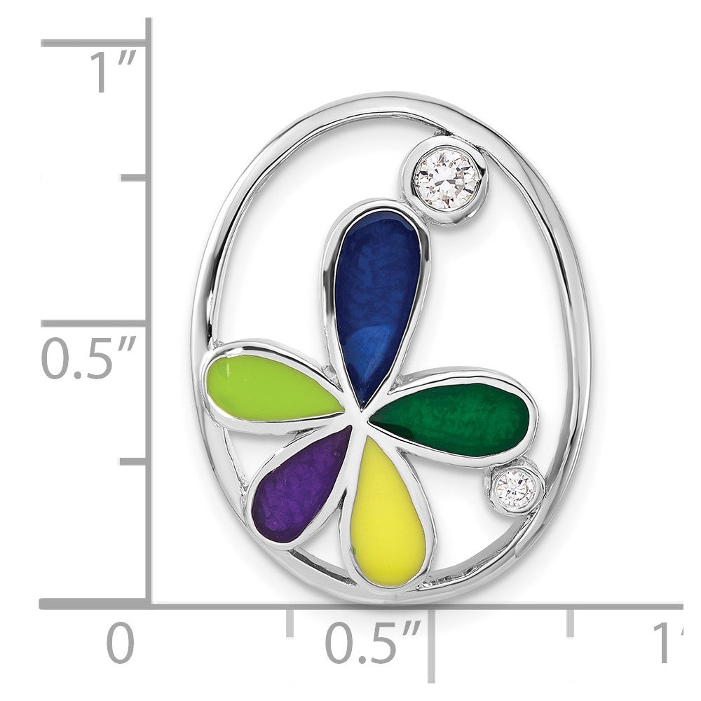 Sterling Silver Polished Multicolor Enameled Flower & CZ Slide