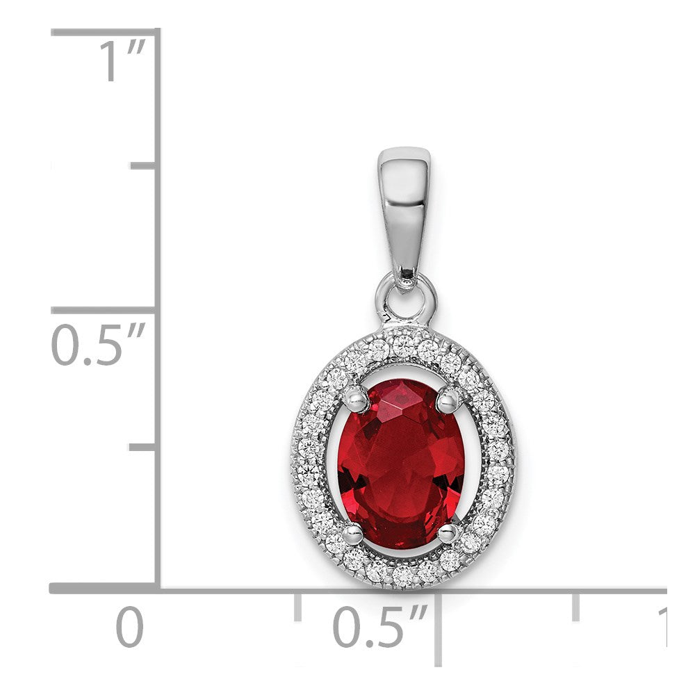 Sterling Silver Rhodium Plated Red  CZ and White CZ Halo Pendant