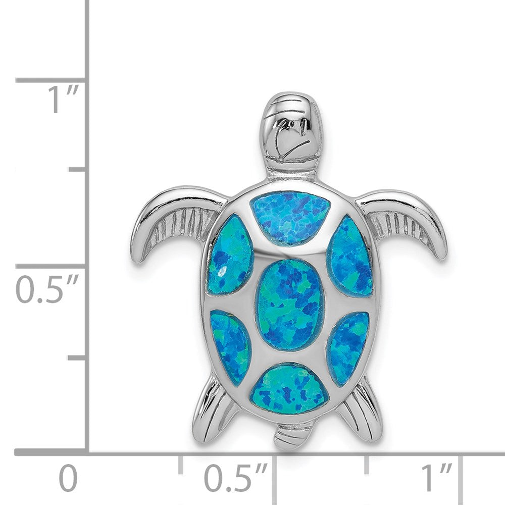 Sterling Silver Rhodium-plated Polished Created Blue Opal Turtle Slide