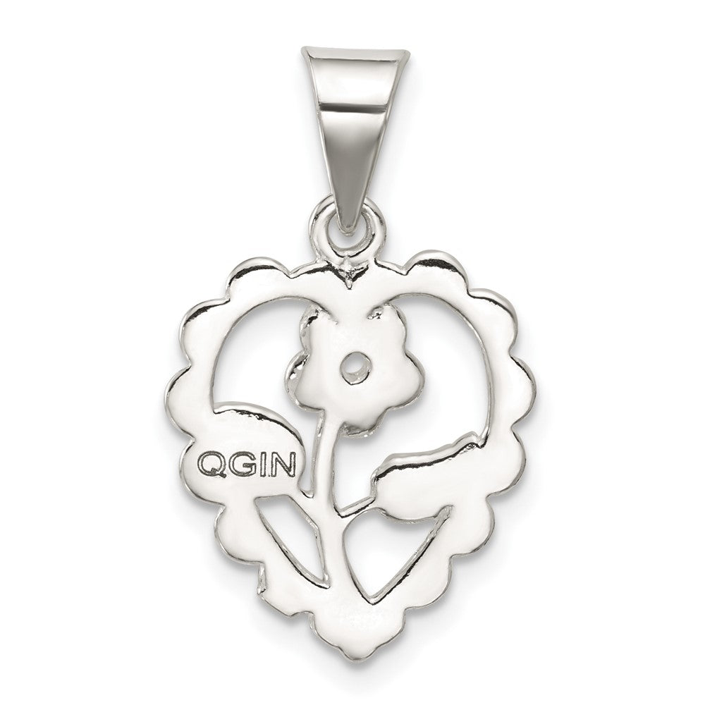 Sterling Silver Polished Mini Floral Center Heart Pendant